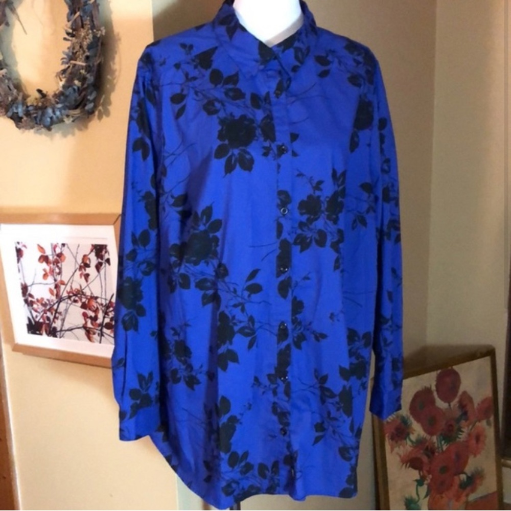 Roaman’s Cobalt Blue Black Floral Academia Button Down Shirt Plus 24W
